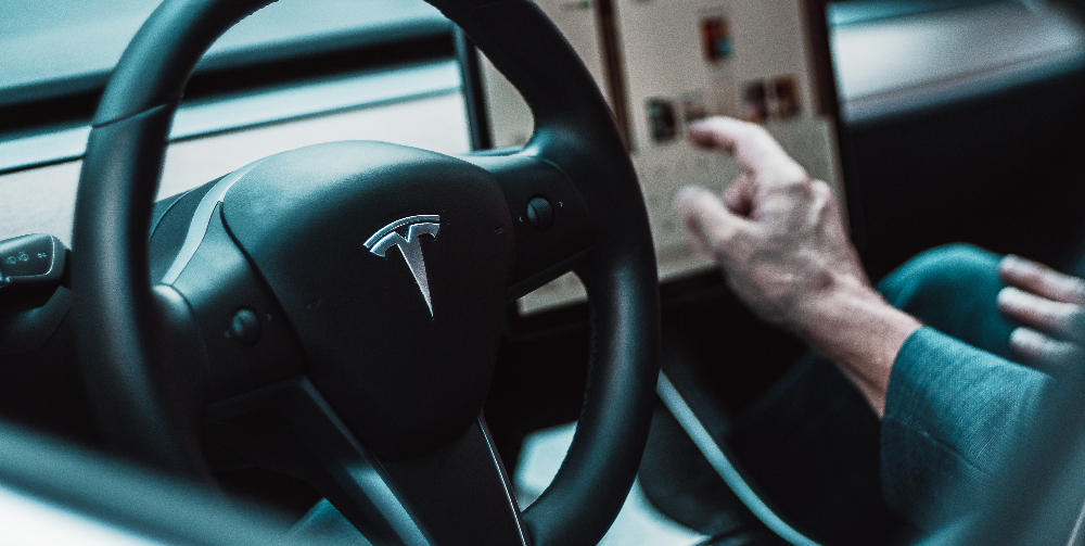 black steering wheel in Tesla car